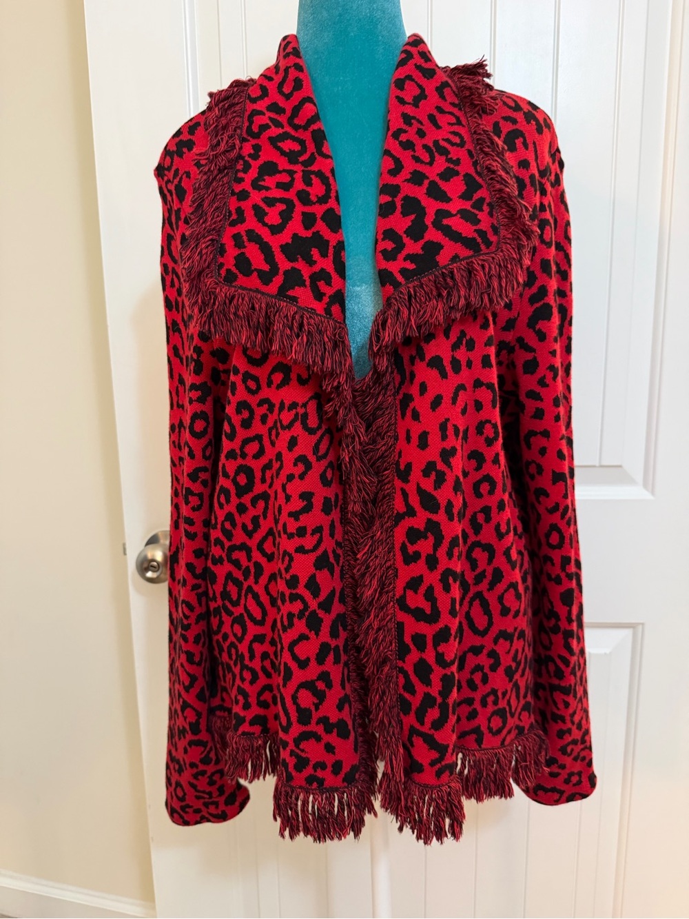 Chico's Red Leopard Print Fringe Cardigan Sz 3 (16, XL)